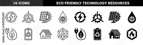 Sustainable energy hybrid icons merging renewable resource symbols with industrial mechanics and ecological elements in outline and solid styles