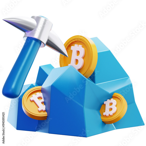 Concept of cryptocurrency mining depicted with a pickaxe digging into a rock with bitcoins