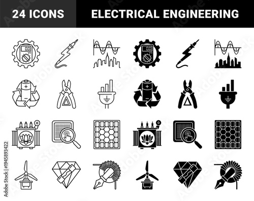 Electrical Engineering Symbols Merging Industrial Tools with Green Energy Concepts and Smart City Infrastructure Linear Design