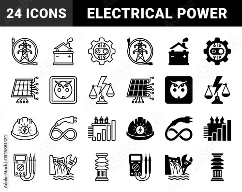 Electrical Energy Infrastructure Hybrid Icons Featuring Smart Grid Solar Panels Battery Storage Power Transmission and Sustainable Utility Symbols