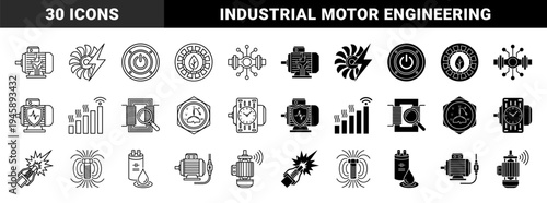 Industrial Electric Motor Hybrid Symbols Featuring Smart Circuitry Green Energy Leaves Lightning Bolts and Magnetic Field Design Elements