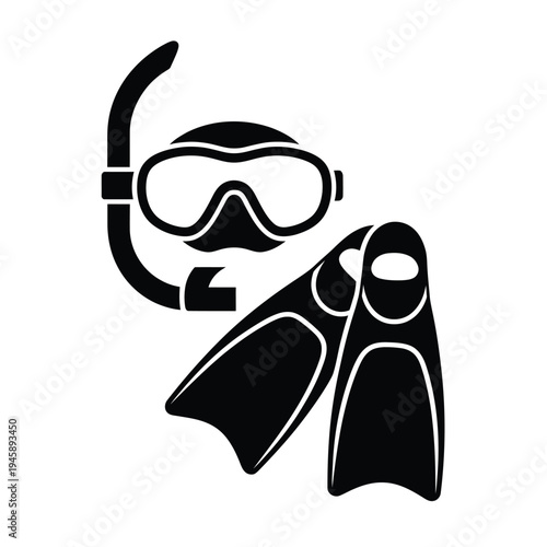 Black silhouette of scuba diving gear including mask snorkel and fins