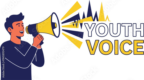 Young man shouts into a yellow megaphone next to the stylized text reading Youth Voice, symbolizing activism or communication.