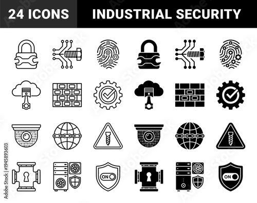 Industrial cybersecurity icons featuring hybrid designs of mechanical hardware and digital protection elements for infrastructure safety and data defense