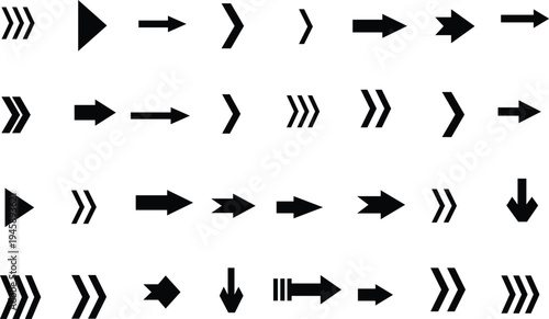 A varied assortment of black arrow icons and directional pointers for digital and print media applications