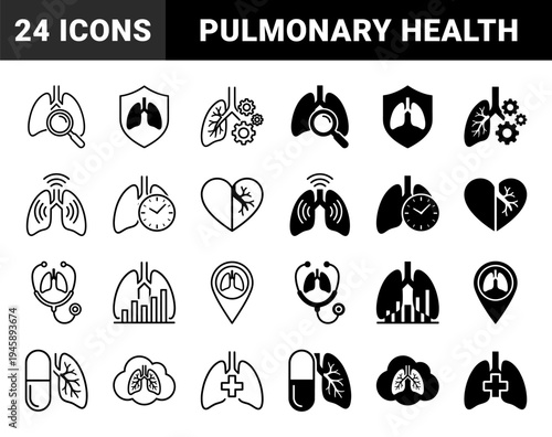 Pulmonary health icons merging human lung anatomy with medical diagnostic symbols such as stethoscope DNA helix and magnifying glass for clinical analysis