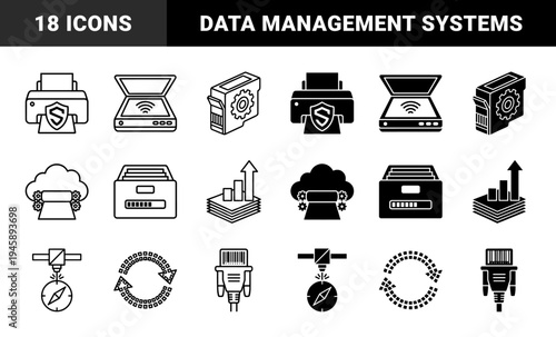 Data security and information management icons featuring hybrid symbols like printer shields cloud gears and scanner wireless signals in dual styles