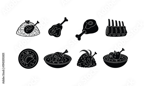 Historical and cultural artifacts depicted in stylized black and white illustrations