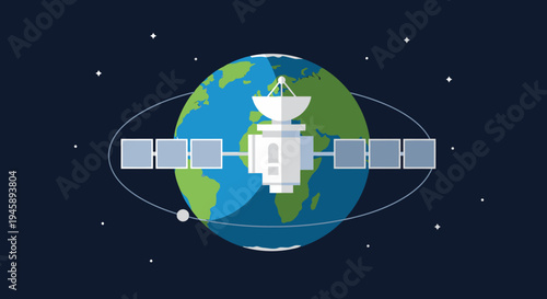 Satellite orbiting planet earth in space communication concept illustration