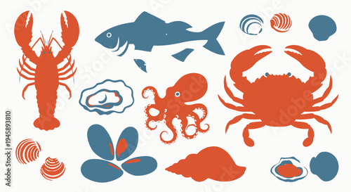 Seafood assortment vector illustration lobster fish crab shells octopus