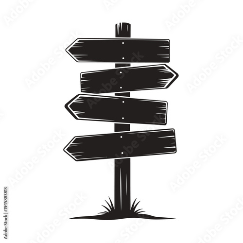 A black and white illustration of a wooden directional signpost