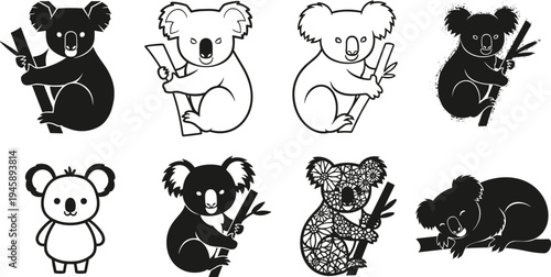 Koala illustrations, stylized poses, tree branch, silhouette design, cartoon expression, floral pattern, vector art, animal character set