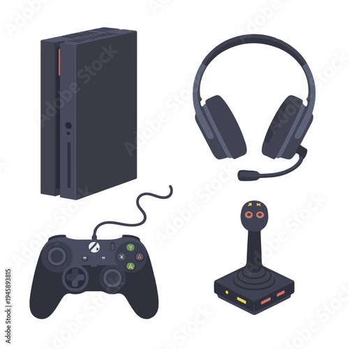 A collection of Xbox gaming accessories including a console, controller, headset, and microphone on a white background