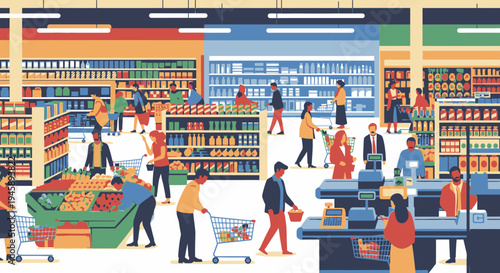 Shoppers browse a grocery store with shelves stocked with products