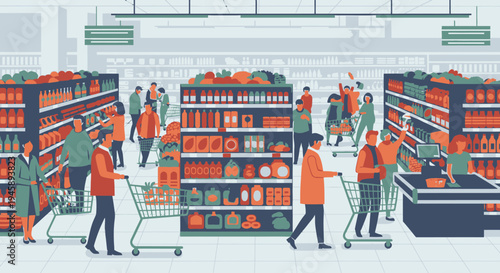 Shoppers browse grocery store aisles with food products on display