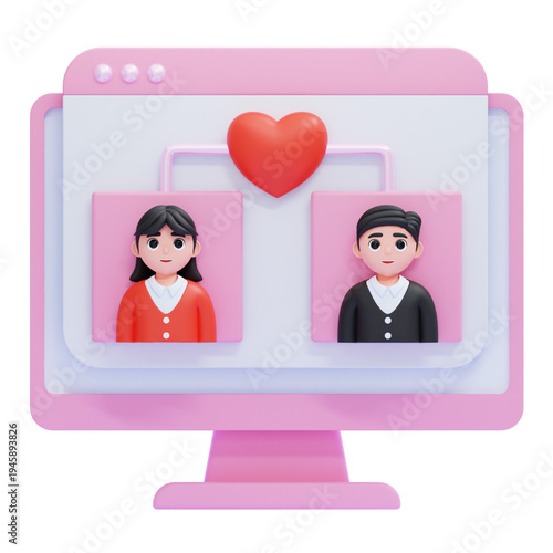 3D rendering of a dating app interface showing a man and woman profile pictures connected by a heart symbol