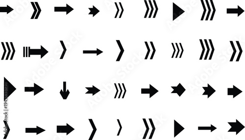 A wide selection of black arrow glyphs demonstrating diverse directions and contemporary forms over a stark white canvas