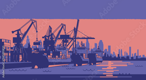 Shipping port with cranes and container ships at sunset silhouette artwork