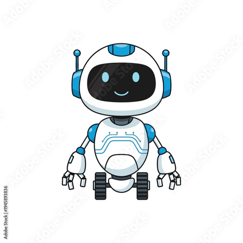 Cartoon robot character with friendly face and antennae against a white backdrop