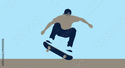 Skateboarder performing trick against a blue backdrop illustration