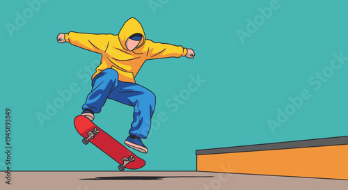Skateboarder performing trick illustration against a teal background