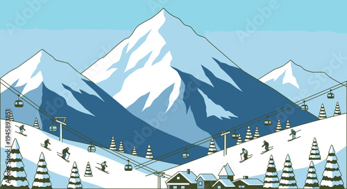 Skiers enjoying a winter day in the snowy mountains with cable cars