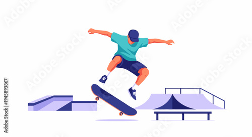 Skateboarder performing trick on ramp vector illustration against white background