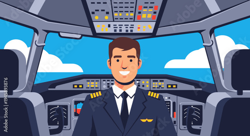 Smiling pilot in airplane cockpit against cloudy sky illustration