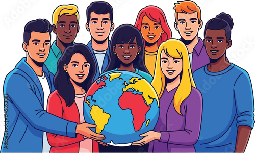 A vibrant collection of diverse individuals stands together supporting a large representation of the world map.