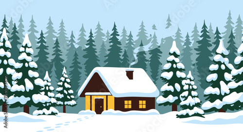 Snowy cabin illustration amidst evergreen trees in winter landscape scene