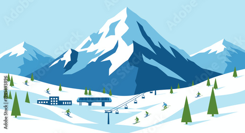 Skiers on snowy slopes with mountain peaks vector illustration
