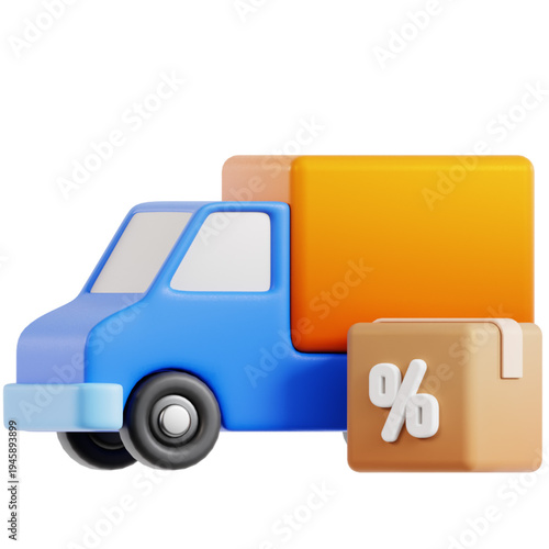 3D illustration of a delivery truck and a discount box, representing swift e-commerce shipping, online shopping promotions, and efficient logistics for modern businesses