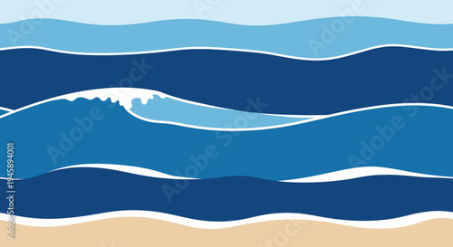 Stylized ocean waves in shades of blue and white on sandy shoreline
