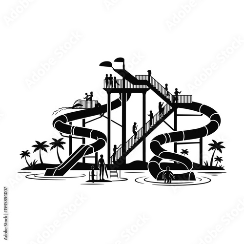 Black and white illustration of a water park with a winding slide