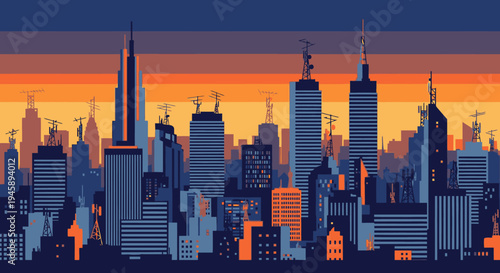 Stylized urban cityscape silhouette at sunset with modern skyscrapers illustration
