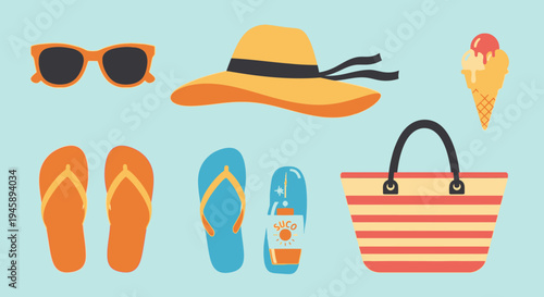 Summer vacation essentials illustration sunglasses hat ice cream flip flops and beach bag