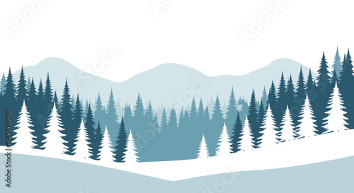 Stylized winter landscape with snow covered hills and evergreen trees
