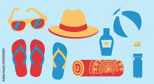 Summer vacation essentials illustration set sunglasses hat beach ball