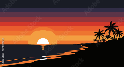Sunset over ocean vector illustration with palm trees and beach silhouette