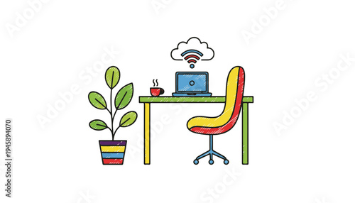 Doodle vector remote work home office setup with laptop and plant for flexible lifestyle during Spring break season