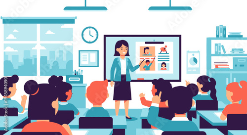Teacher presenting lesson in classroom with students and whiteboard illustration