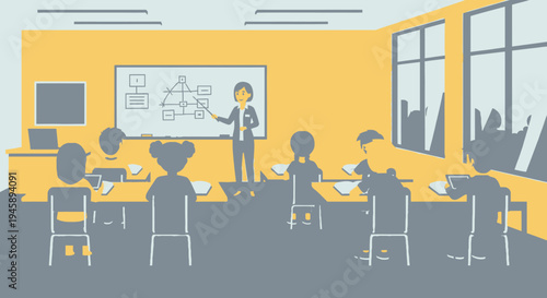 Teacher presenting diagram to students in classroom during daytime lesson