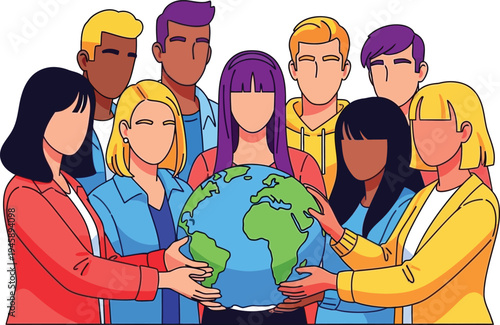 Diverse group of young adults collaboratively holds the planet Earth emphasizing global unity and environmental stewardship.
