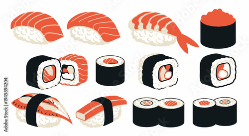 Variety of fresh sushi pieces on white background isolated illustration