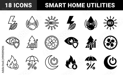 Hybrid ecological and smart home management symbols merging green energy leaves with power bolts water drops and solar battery charging elements