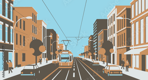 Urban street scene with a tram and buildings in the day