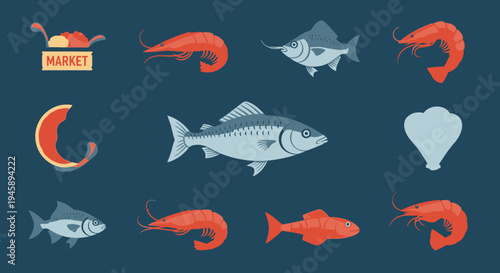 Variety of seafood illustrations shrimp fish and market elements