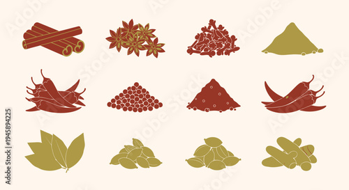 Variety of spices displayed against beige background for culinary arts
