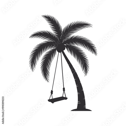 A solitary palm tree silhouette with a hanging rope swing below