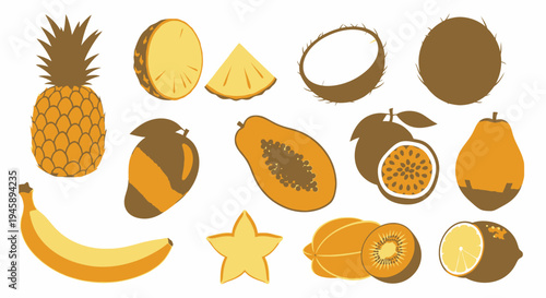 Variety of tropical fruits pineapple mango papaya coconut banana